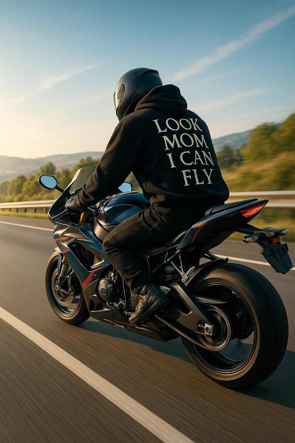 Person riding a motorcycle with 'Look Mom I Can Fly' text on the back, on a road with a scenic background.